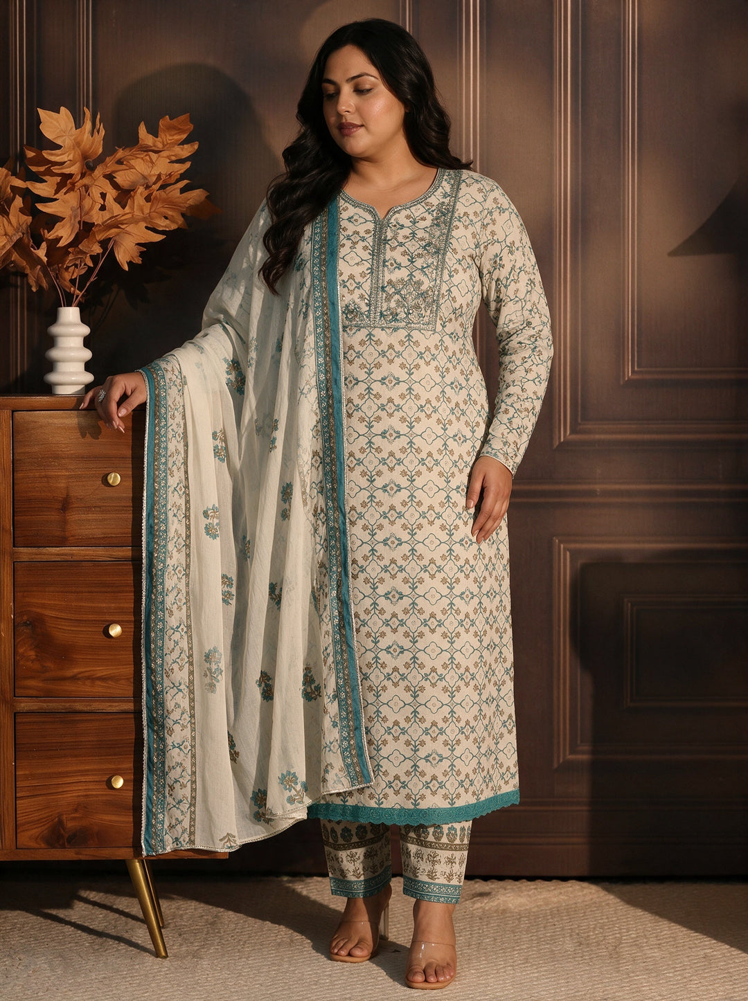 Plus Size White Floral Printed Cotton Anarkali Suit Set