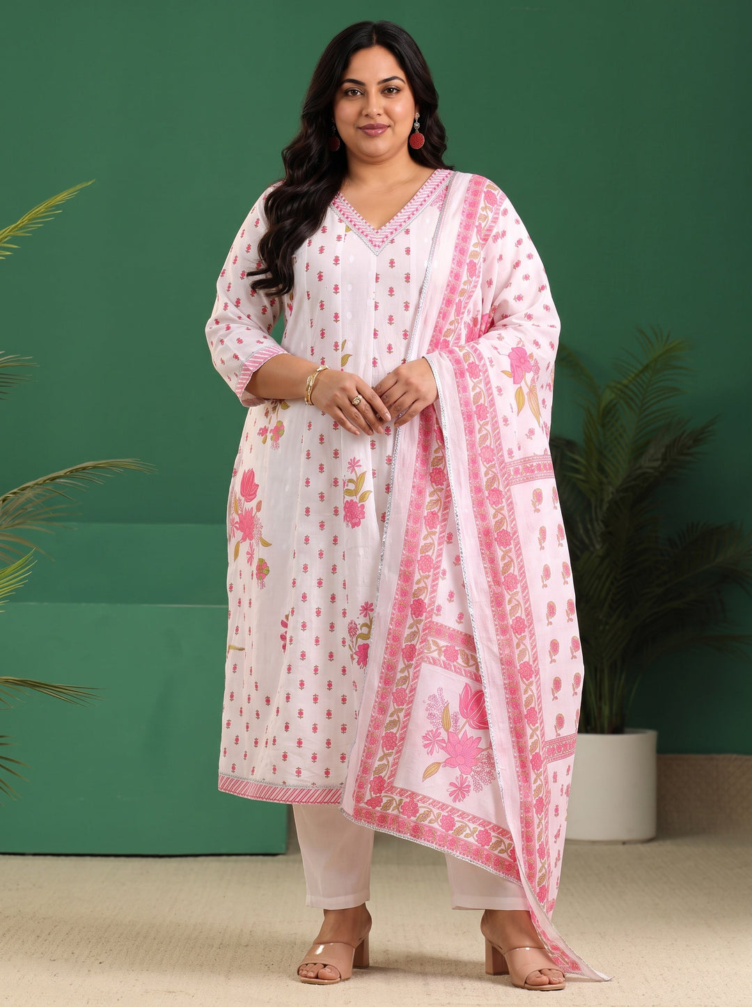 Plus Size White Floral Printed Cotton Anarkali Suit Set