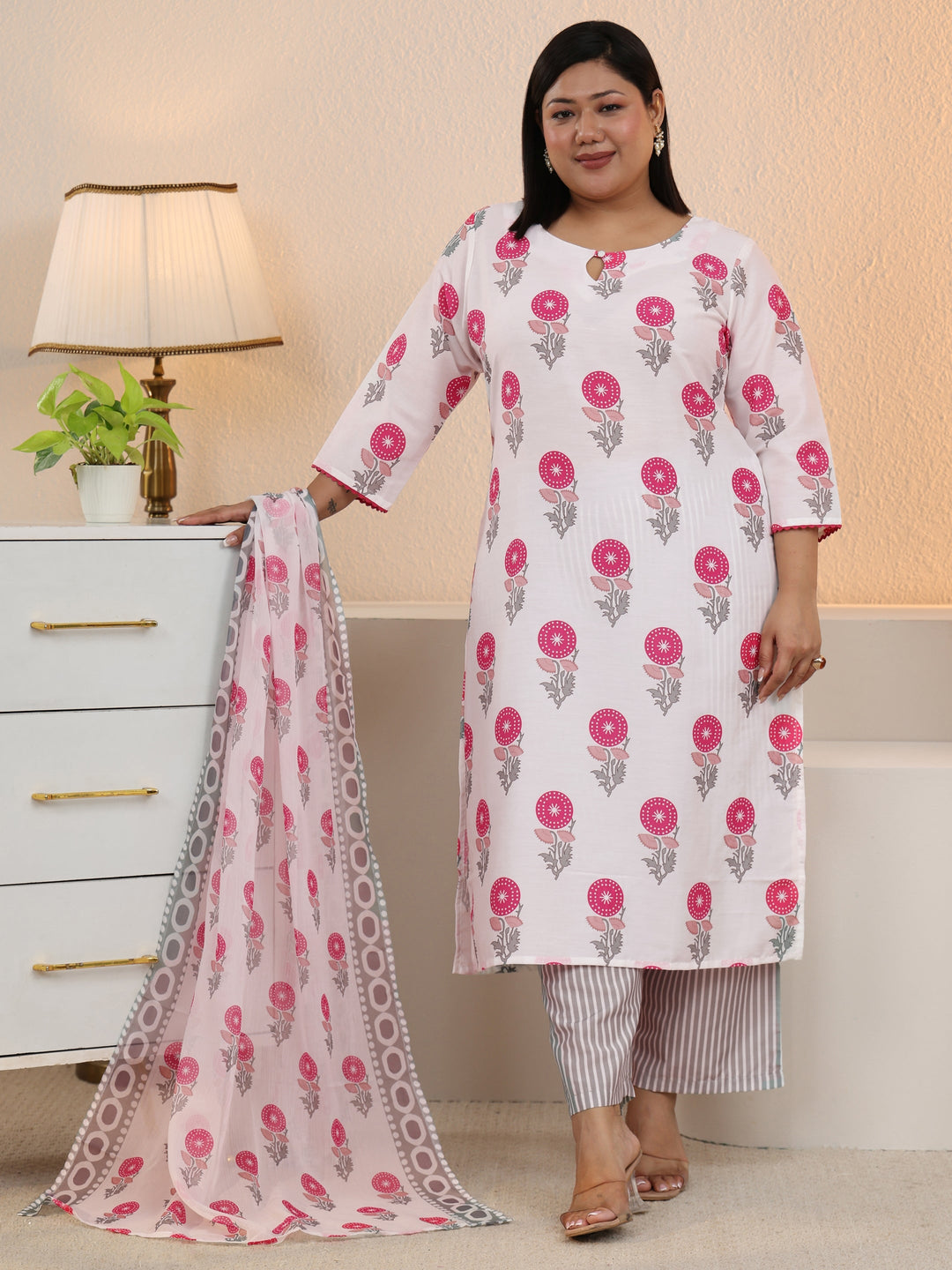 Plus Size White Floral Printed Cotton Blend Straight Suit Set With Dupatta