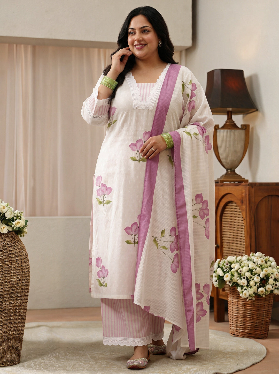 Plus Size White Floral Printed Cotton Straight Suit Set