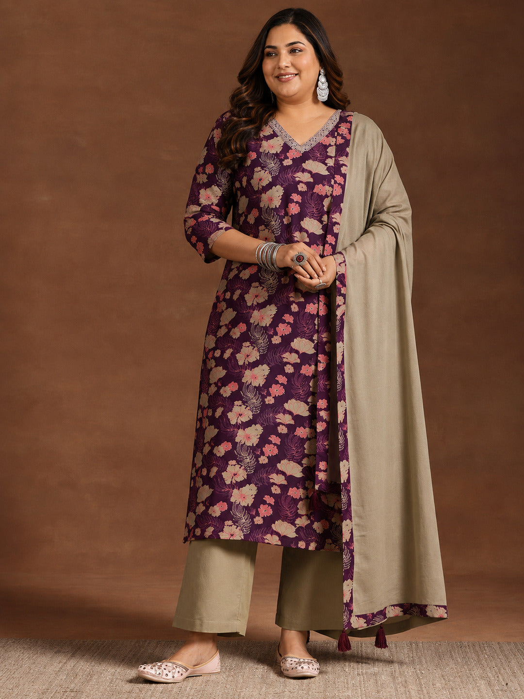 Plus Size Wine Printed Cotton Straight Suit With Dupatta