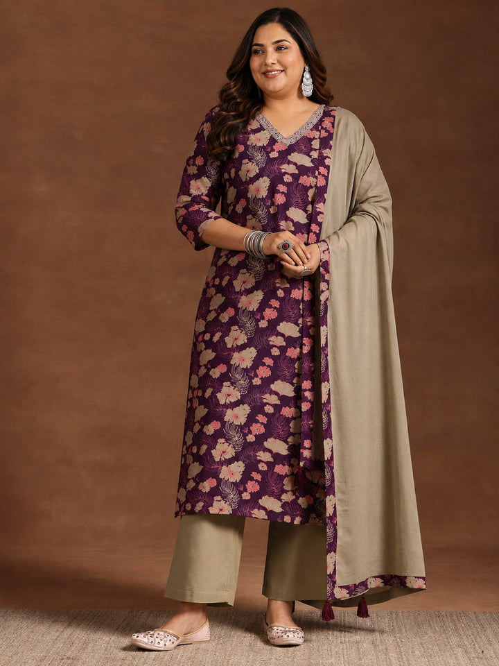 Plus Size Wine Printed Cotton Straight Suit With Dupatta