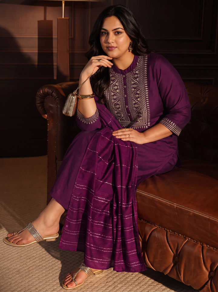 Plus Size Wine Yoke Design Silk Blend Straight Suit Set