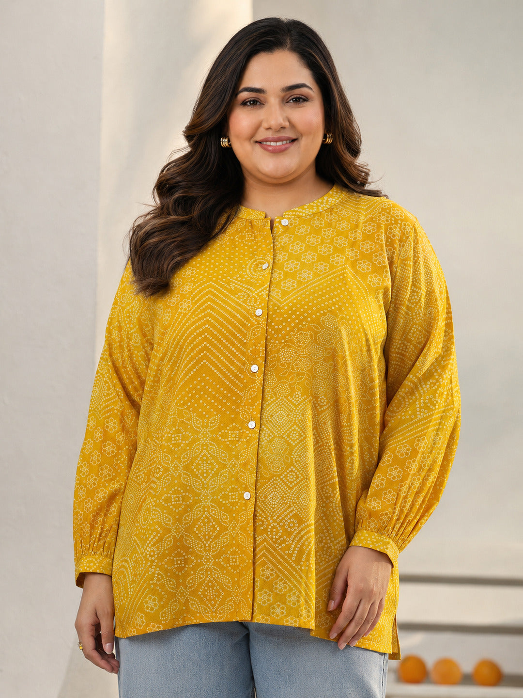 Plus Size Yellow Bandhani Printed Silk Blend Shirt
