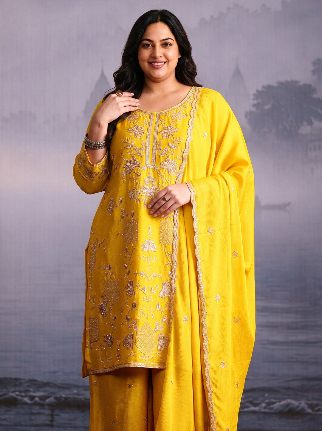 Plus Size Yellow Floral Embroidered Chinon Palazzo Suit Set