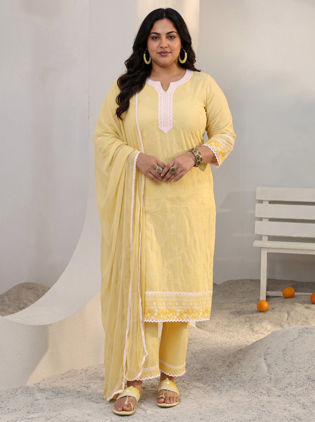 Plus Size Yellow Floral Embroidered Cotton Straight Suit Set With Dupatta