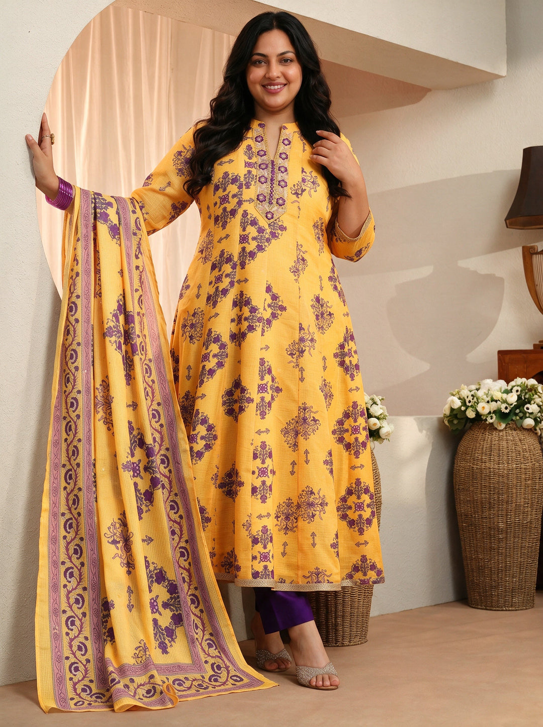 Plus Size Yellow Floral Printed Chiffon Anarkali Suit Set
