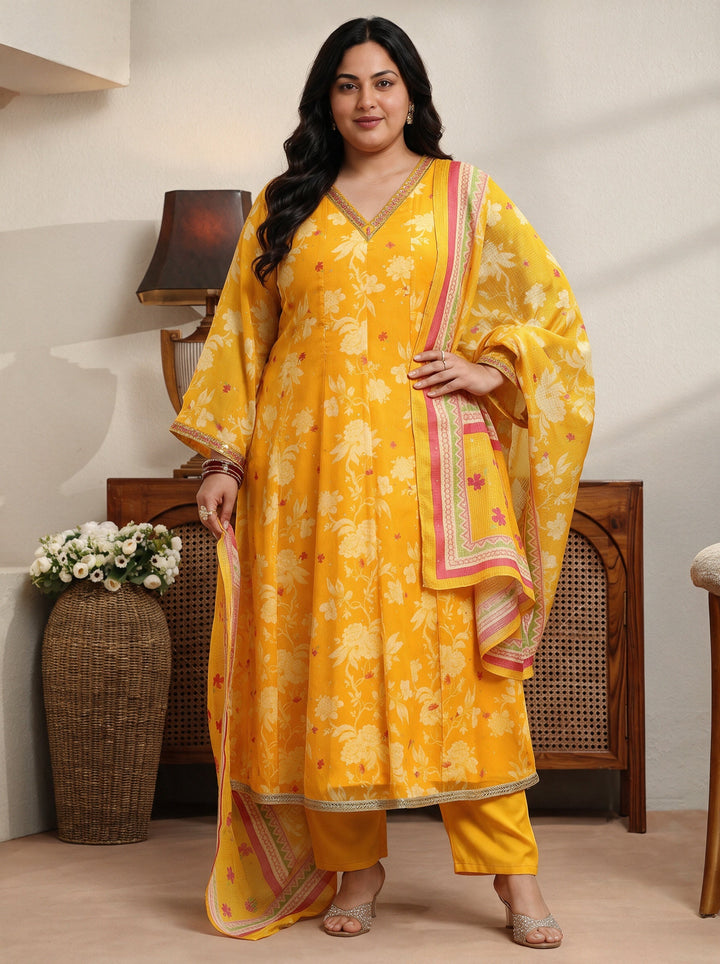 Plus Size Yellow Floral Printed Chiffon Anarkali Suit Set