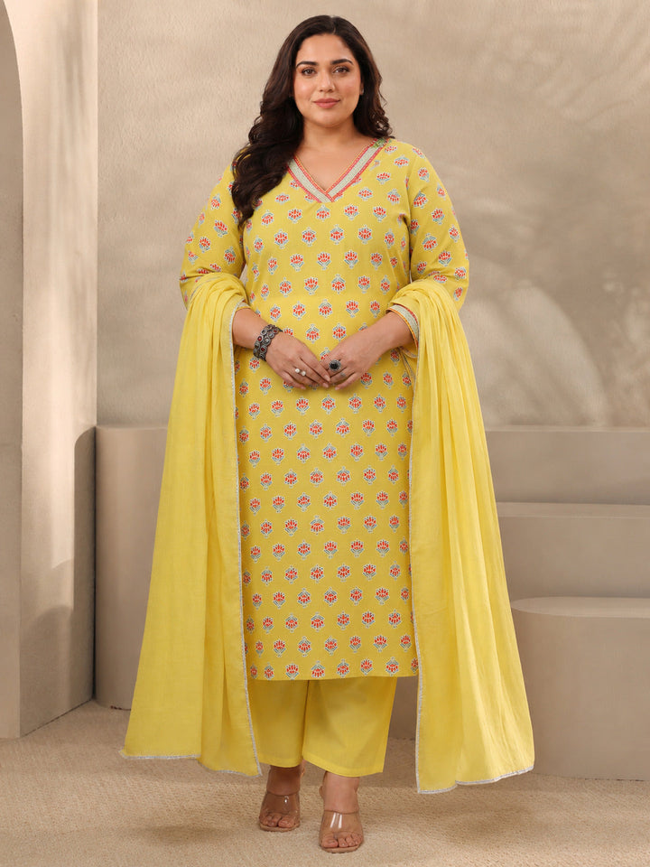 Plus Size Yellow Printed Cotton Straight Suit Sets With Dupatta