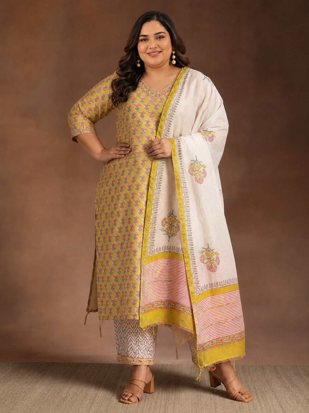 Plus Size Yellow Printed Cotton Straight Suit With Dupatta