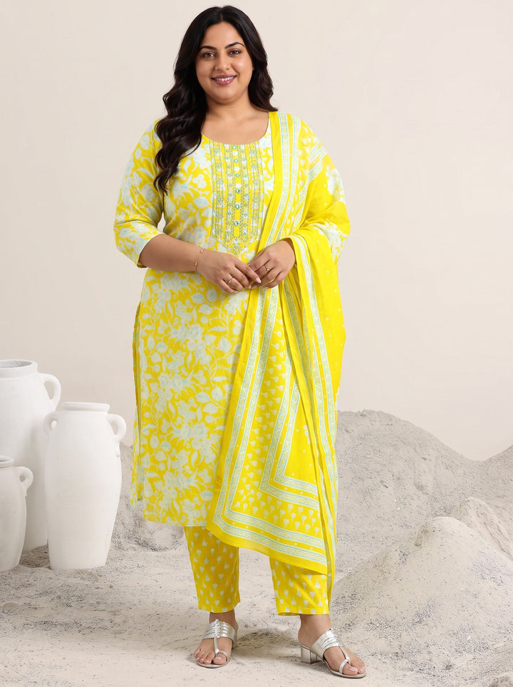 Plus Size Yellow Printed Cotton Straight Suit With Dupatta