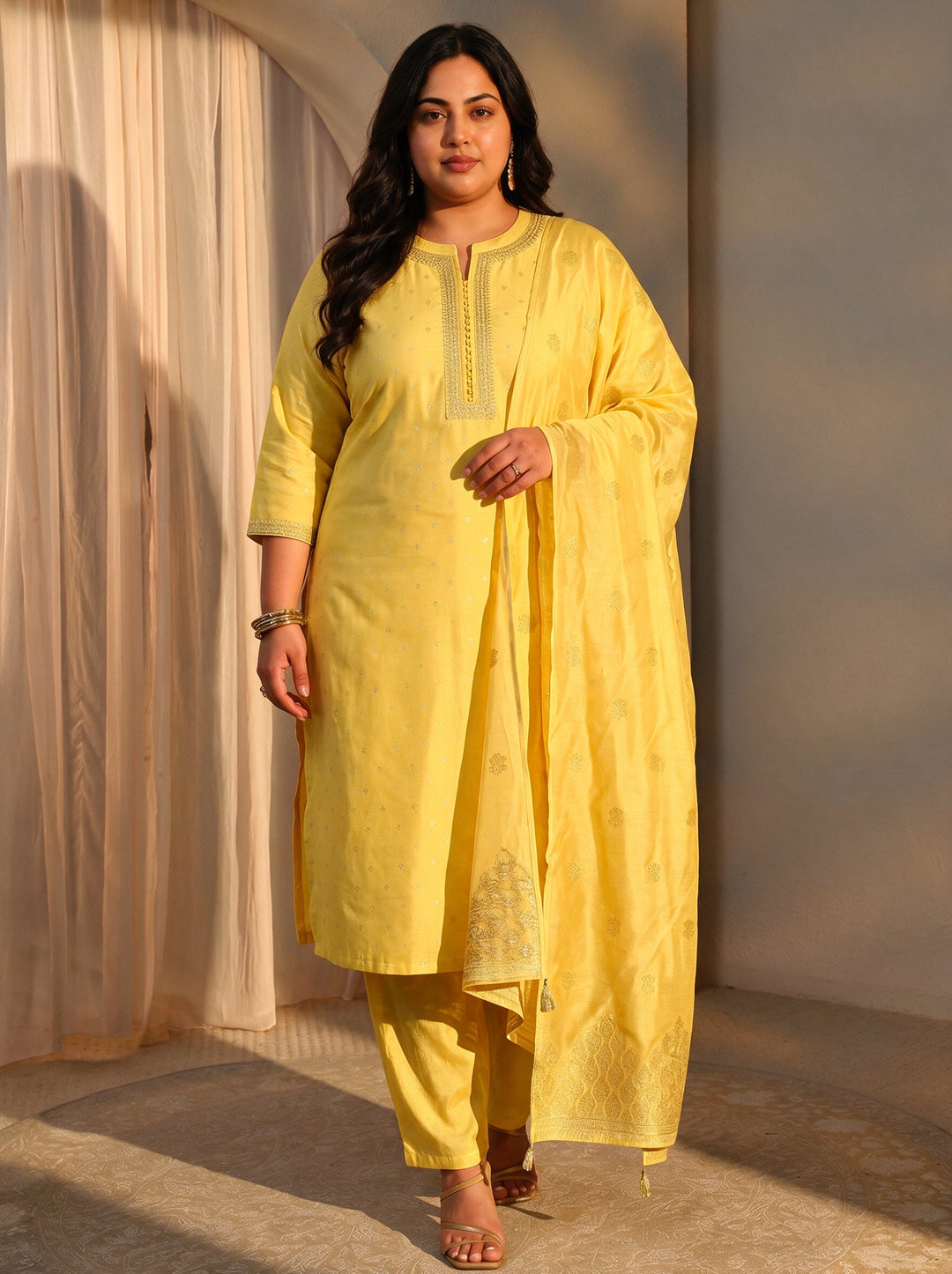 Plus Size Yellow Woven Design Chanderi Silk Straight Suit Set