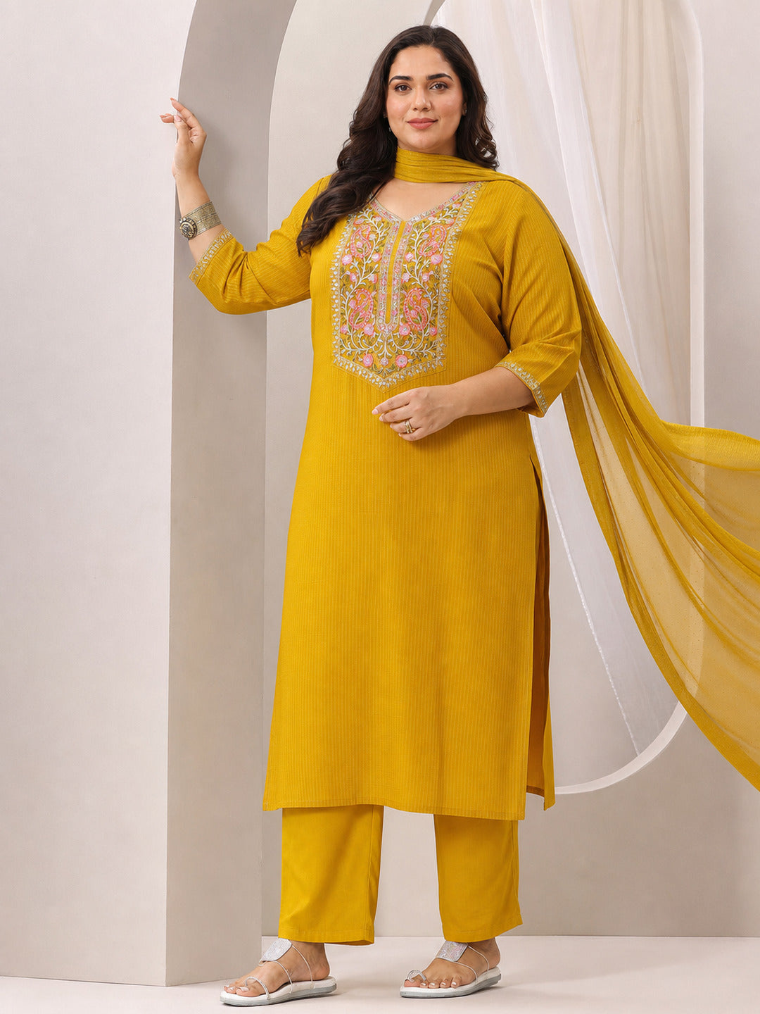 Plus Size Yellow Yoke Design Silk Blend Straight Suit Set With Dupatta