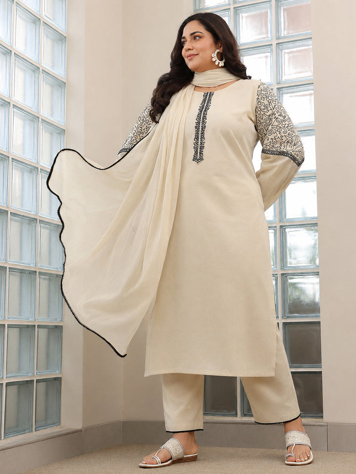 Plus Size Beige Solid Cotton Blend Straight Suit With Dupatta