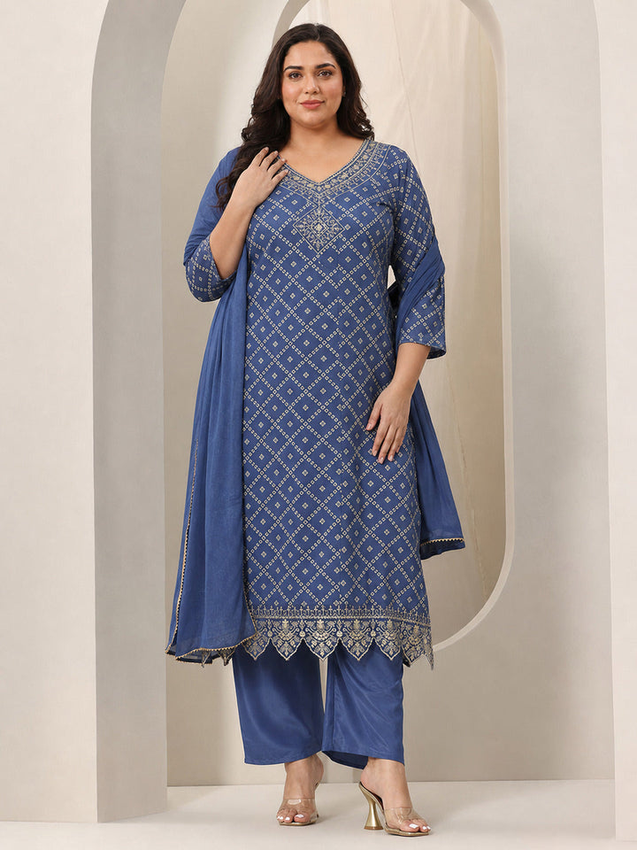 Plus Size Blue Printed Silk Blend Straight Suit Set With Dupatta