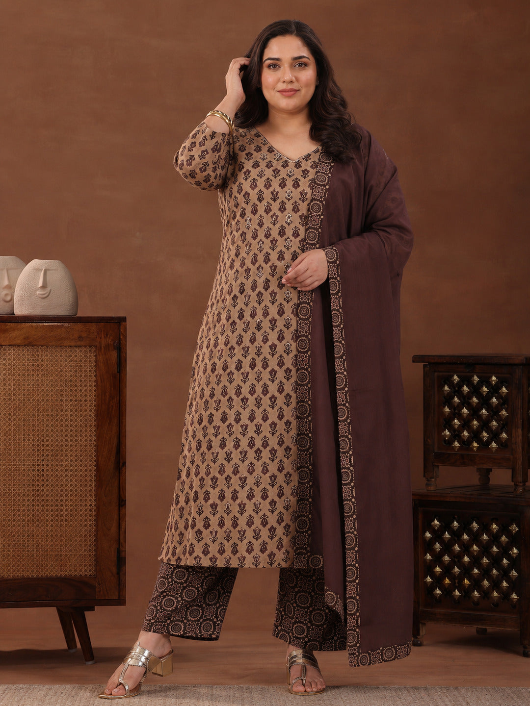 Plus Size Brown Printed Cotton Straight Suit With Dupatta
