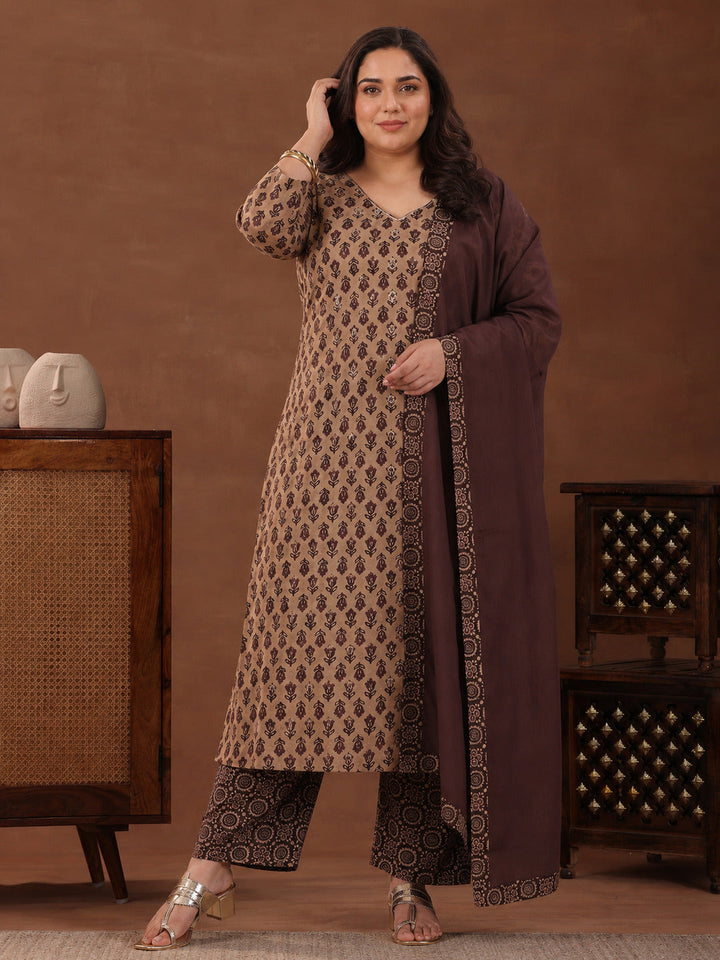 Plus Size Brown Printed Cotton Straight Suit With Dupatta