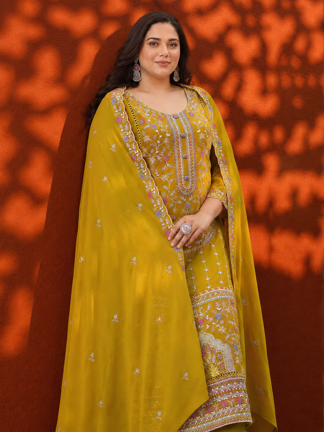 Plus Size Mustard Embroidered Georgette Straight Suit Set With Dupatta
