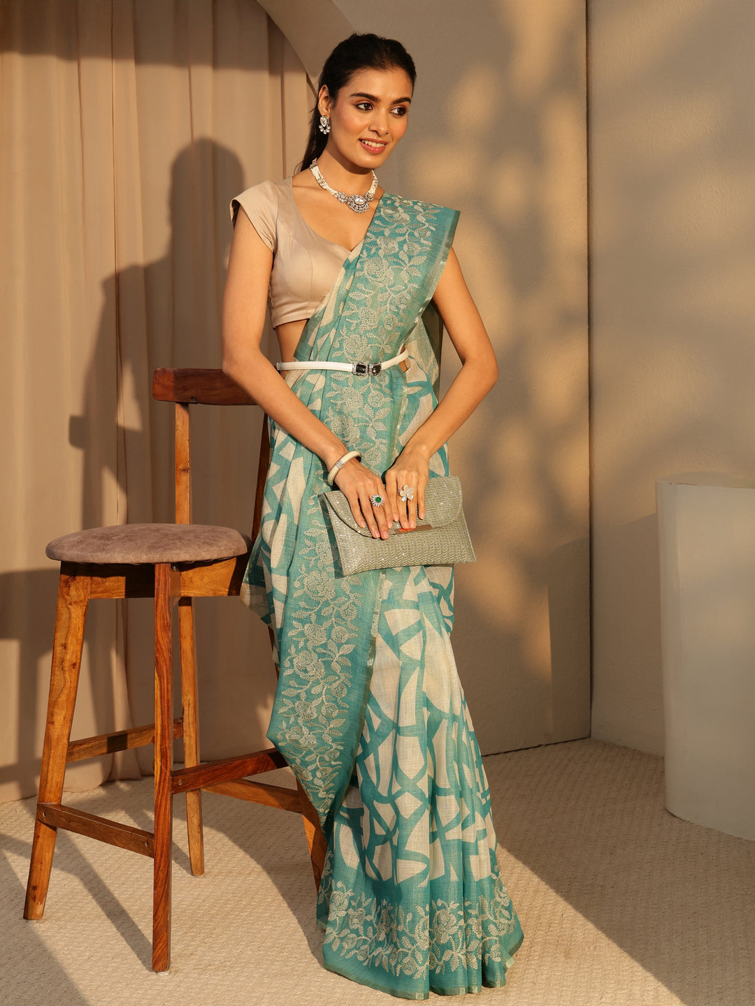 Powder Blue Abstract Printed Cotton Blend Saree