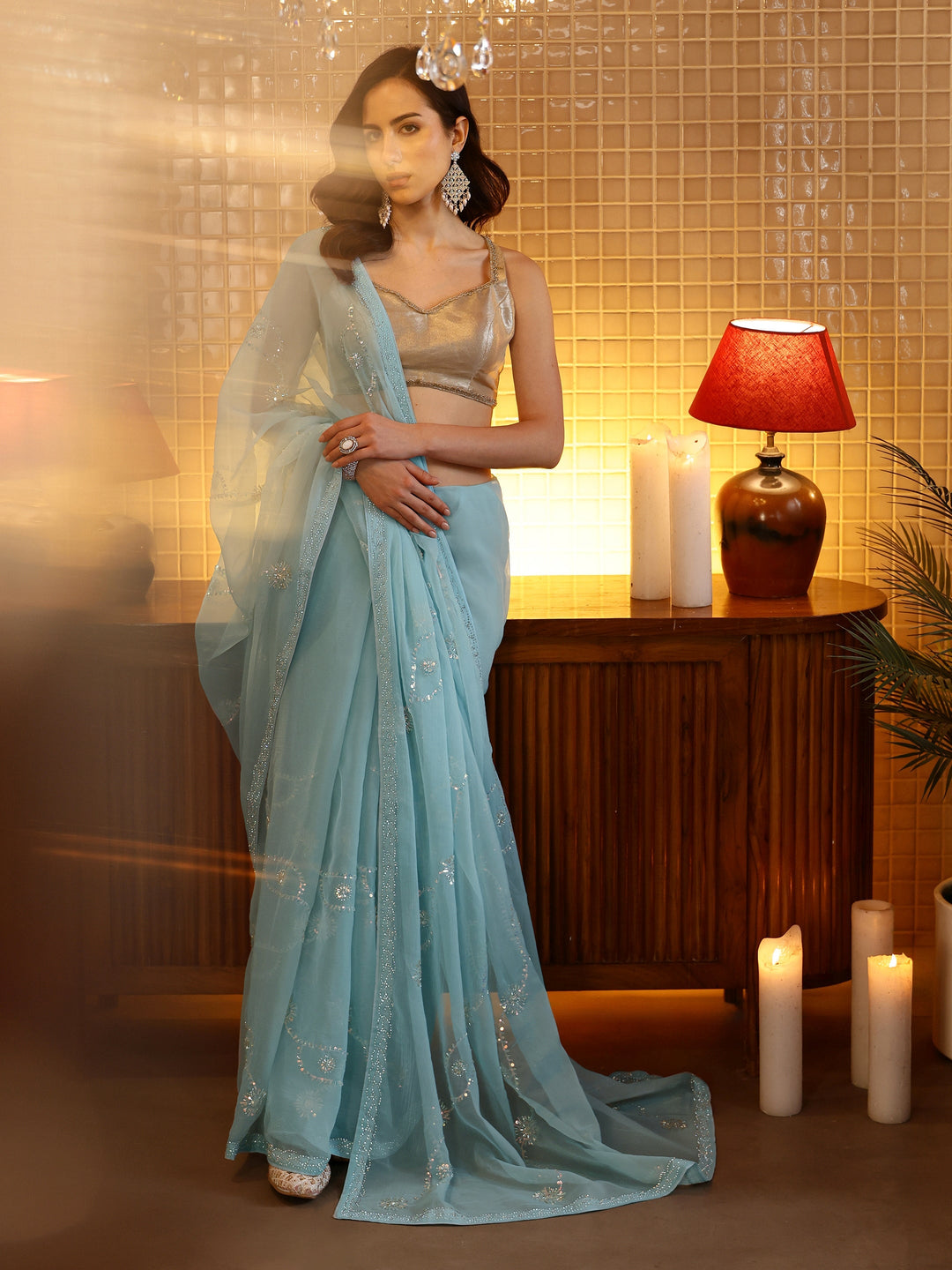 Powder Blue Embellished Tissue Saree