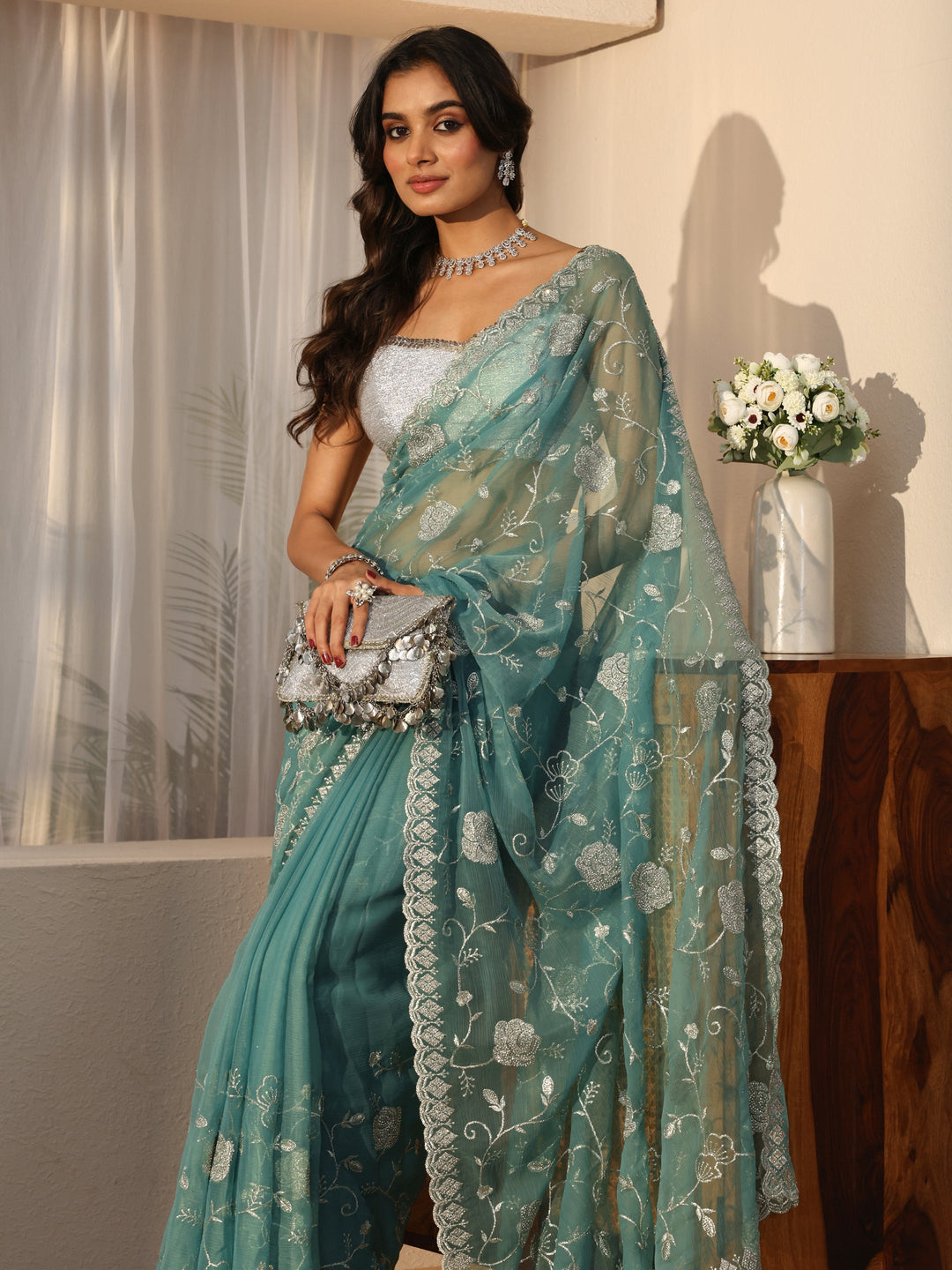 Powder Blue Floral Embroidered Chiffon Saree