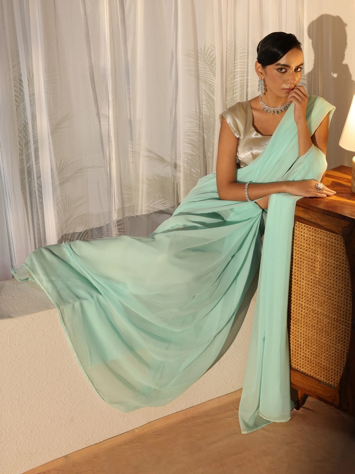 Powder Blue Georgette Pre Draped Saree