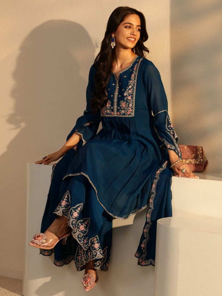 Libas Prussian Blue Embroidered Chanderi Cotton Sharara Suit Set