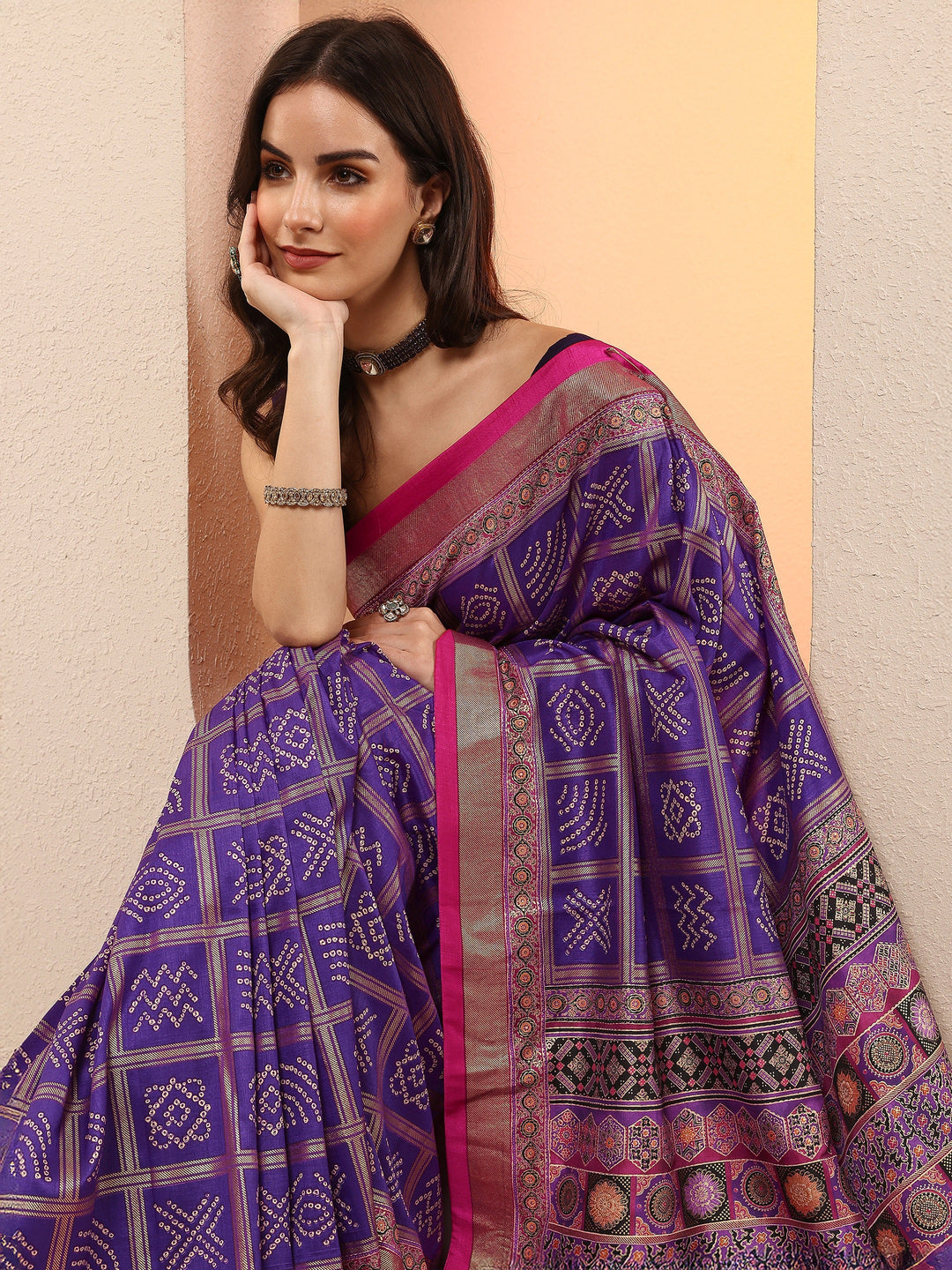 Purple Bandhani Printed Sarees With Unstitched Blouse Piece