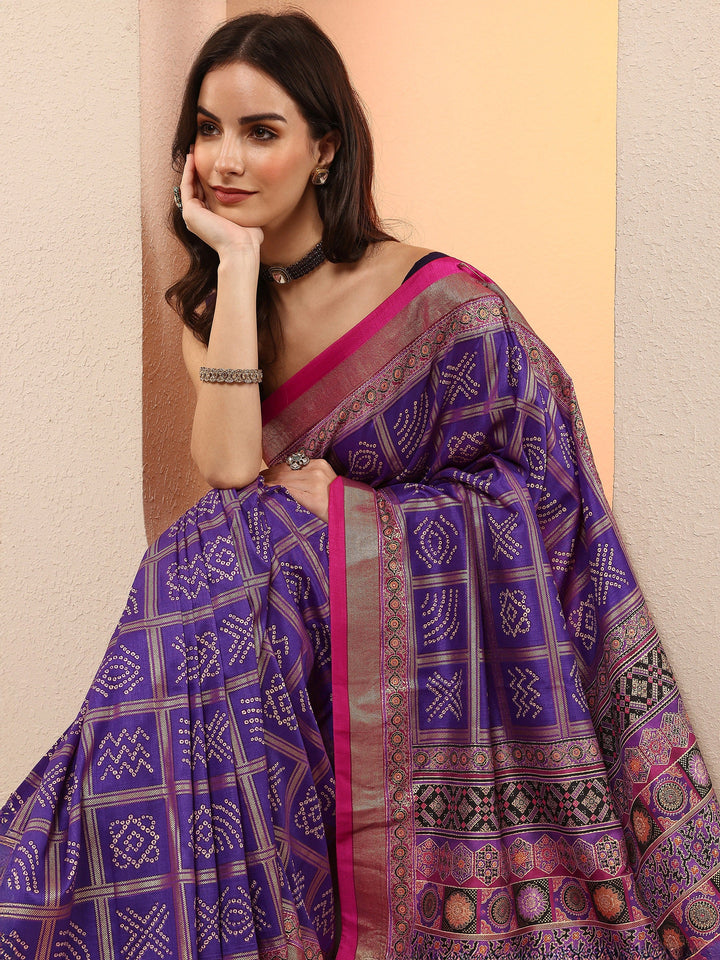 Purple Bandhani Printed Sarees With Unstitched Blouse Piece