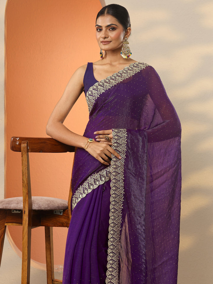 Purple Embellished Organza Saree With Unstitched Blouse Piece