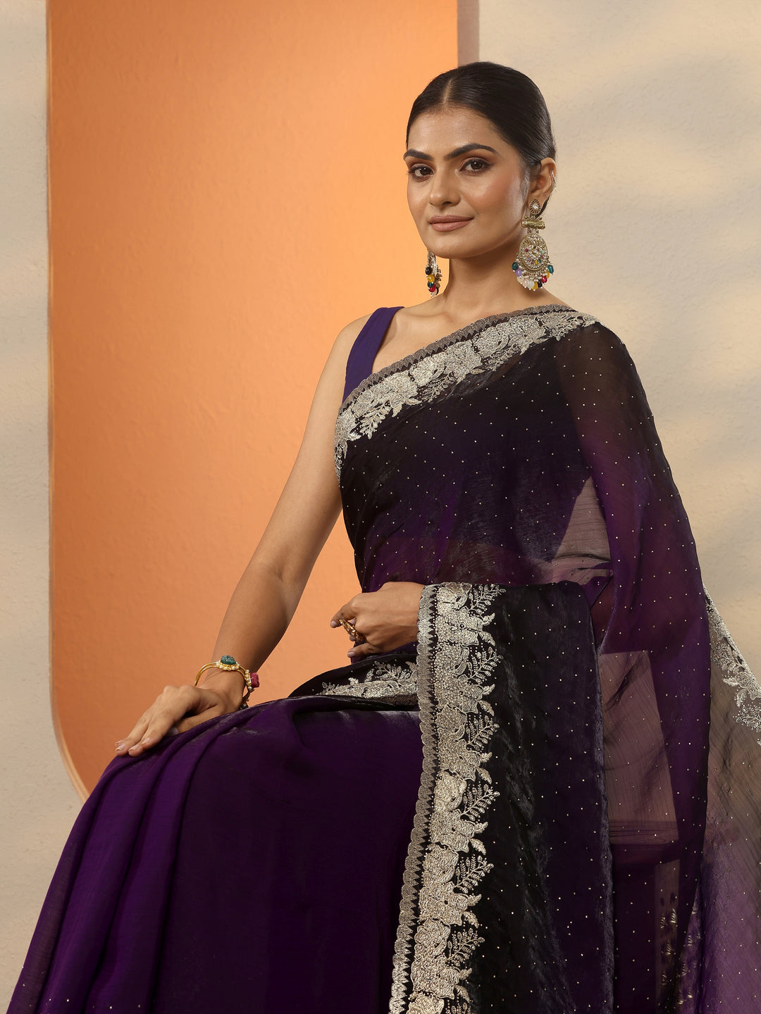 Purple Embellished Organza Saree With Unstitched Blouse Piece
