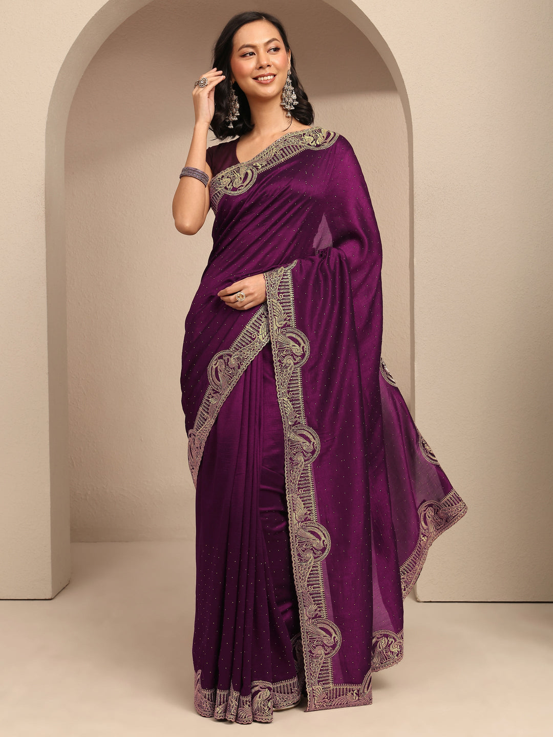 Purple Embellished Silk Blend Saree With Unstitched Blouse Piece