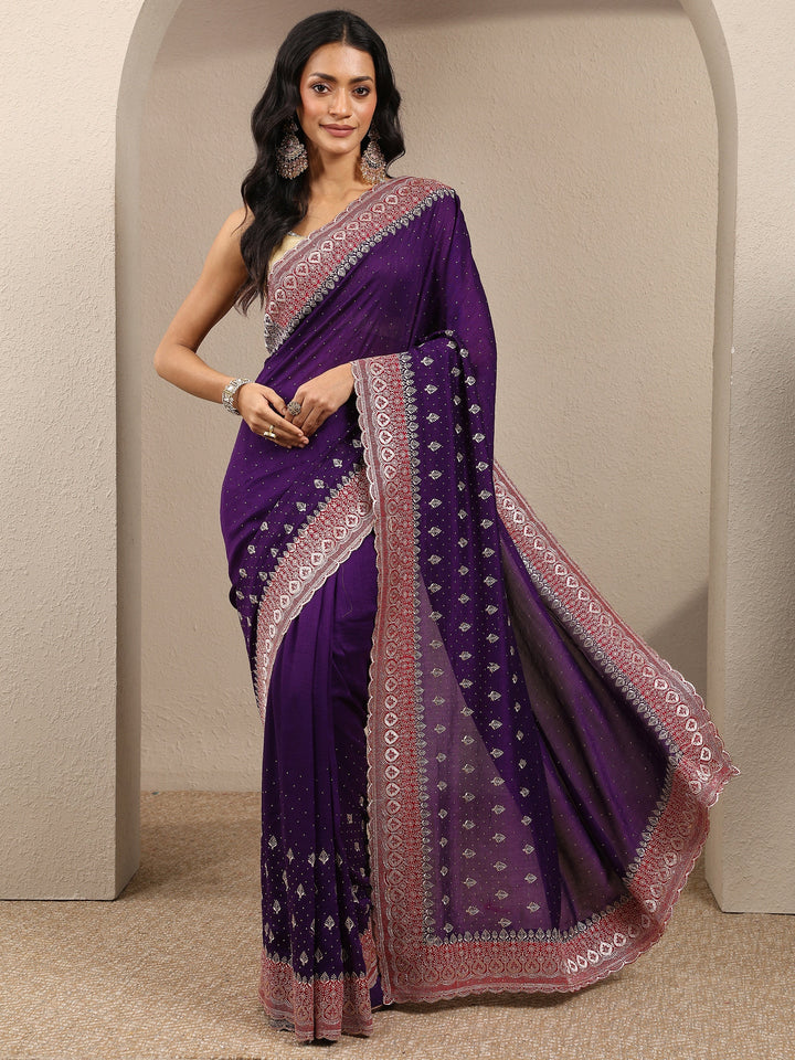 Purple Embellished Silk Blend Saree With Unstitched Blouse Piece