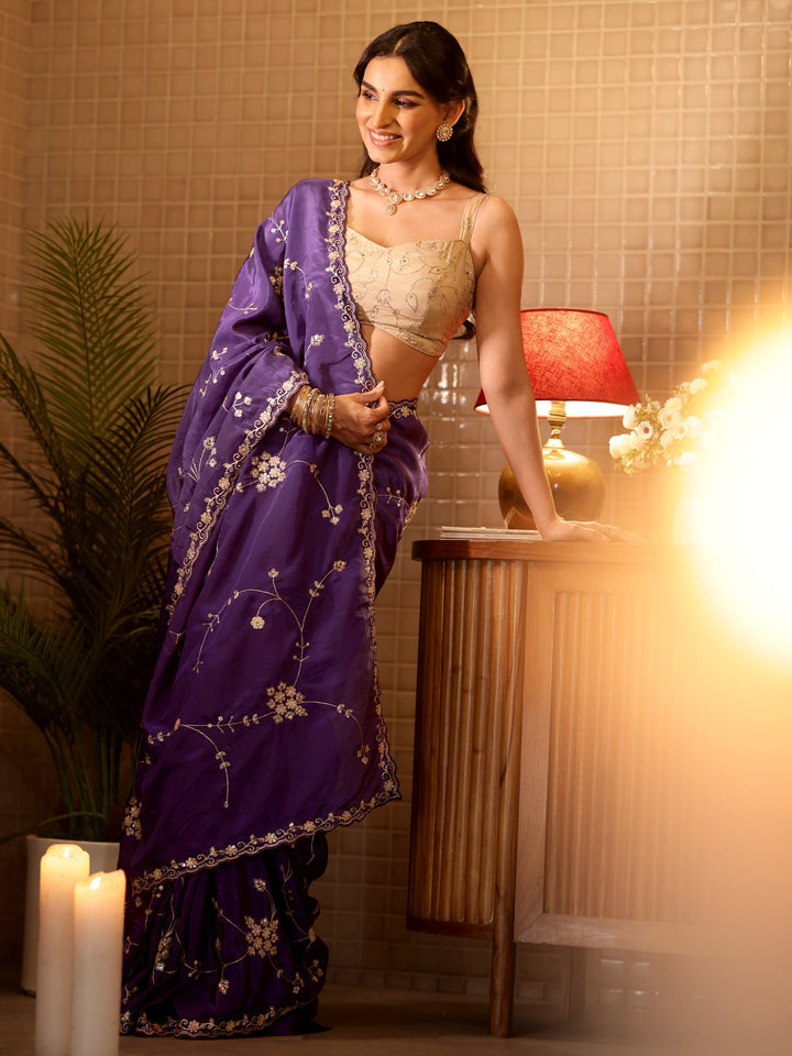 Libas Purple Embellished Silk Blend Saree