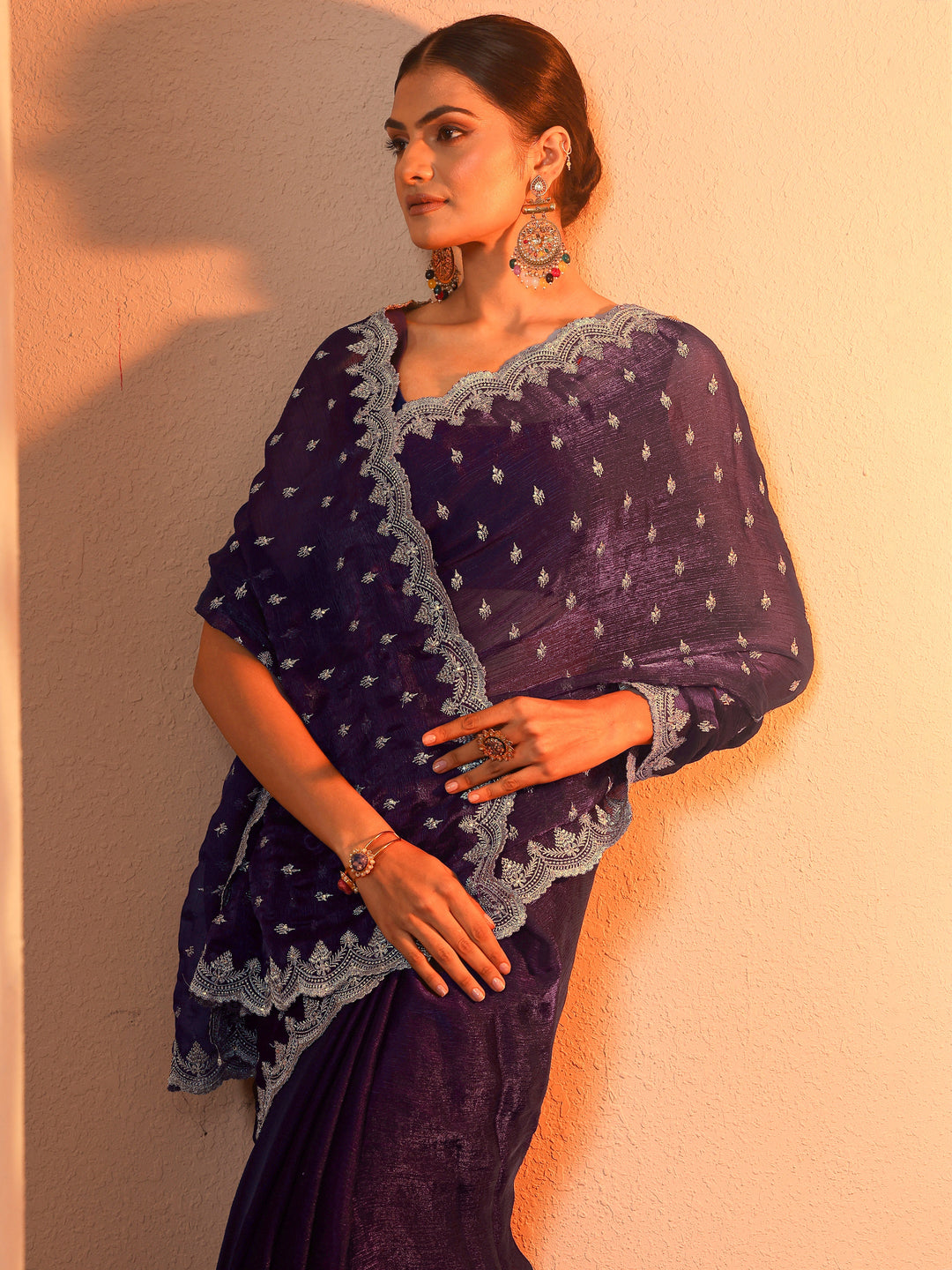 Purple Embroidered Organza Saree With Unstitched Blouse Piece