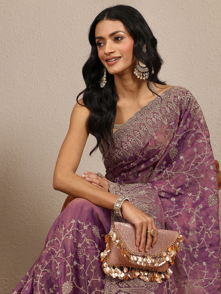 Purple Embroidered Silk Blend Saree With Unstitched Blouse Piece