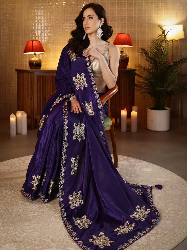 Libas Purple Ethnic Embroidered Silk Blend Saree