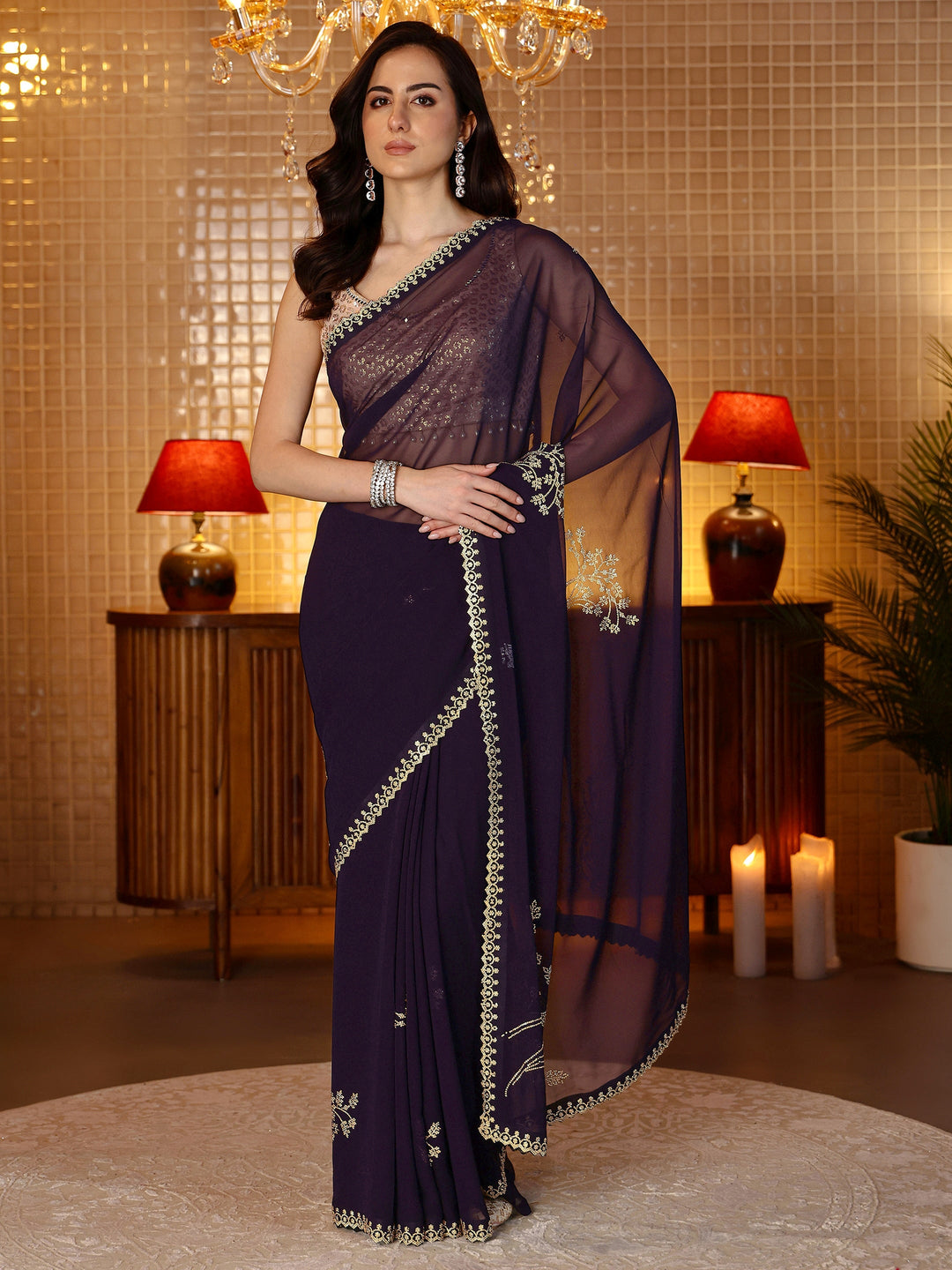 Purple Floral Embellished Georgette Saree