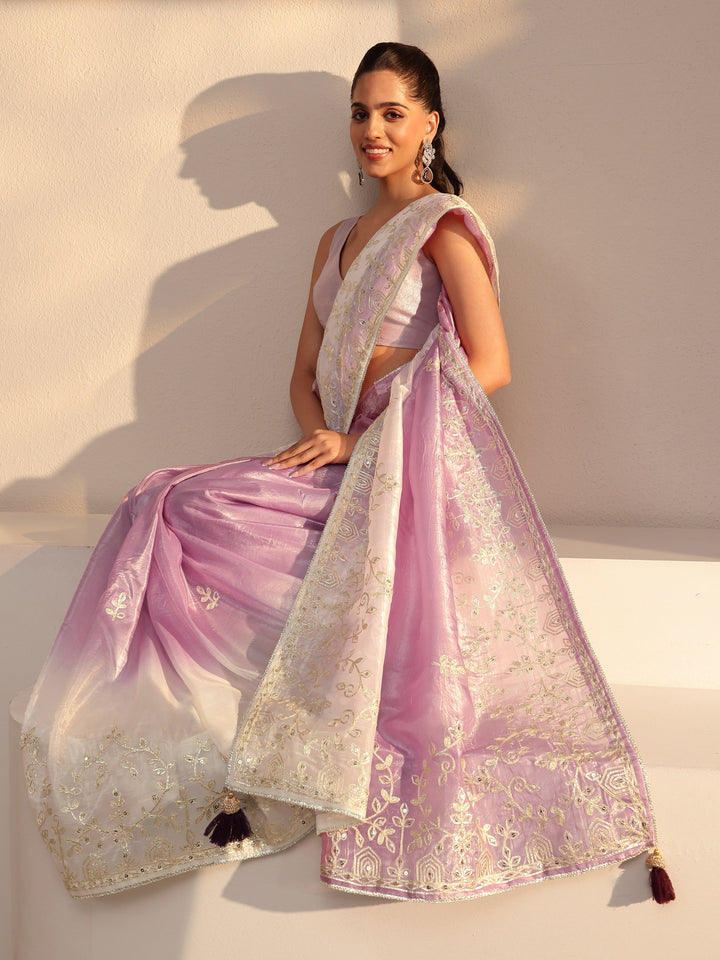 Libas Purple Floral Embellished Ombre Satin Saree