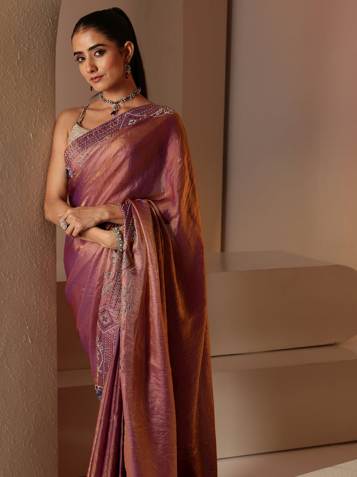 Libas Purple Floral Embellished Silk Blend Saree