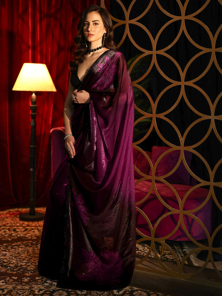 Libas Purple Floral Embellished Silk Blend Saree