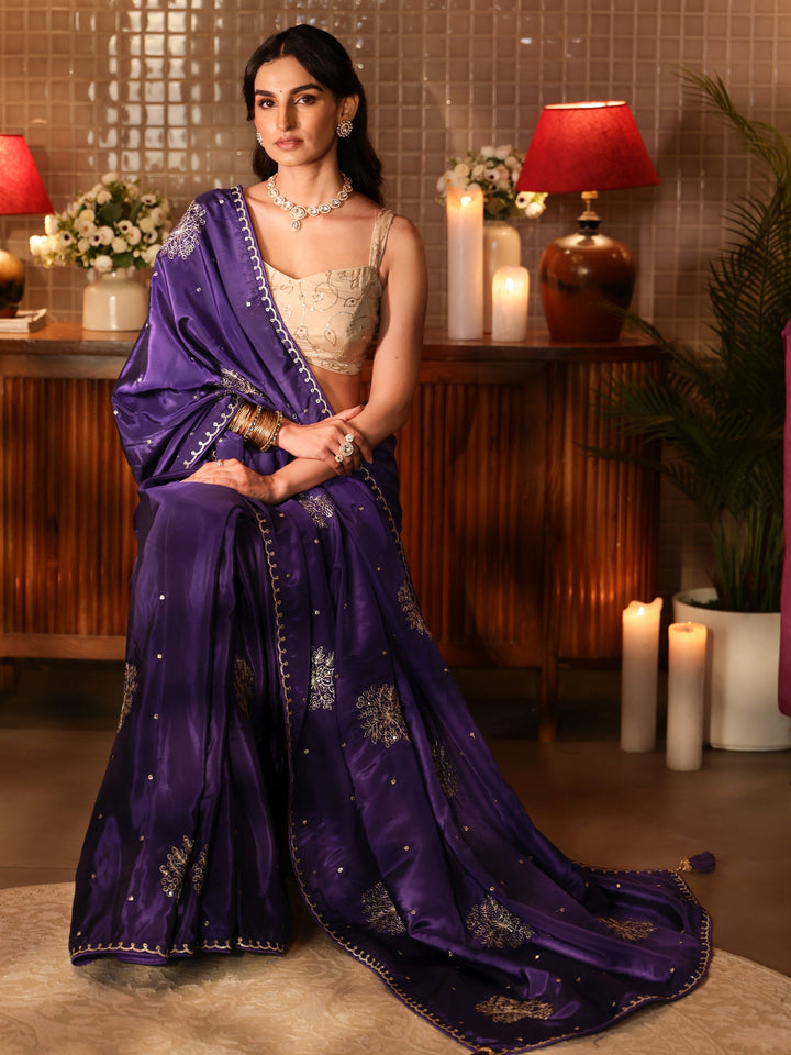 Purple Floral Embroidered Silk Blend Saree