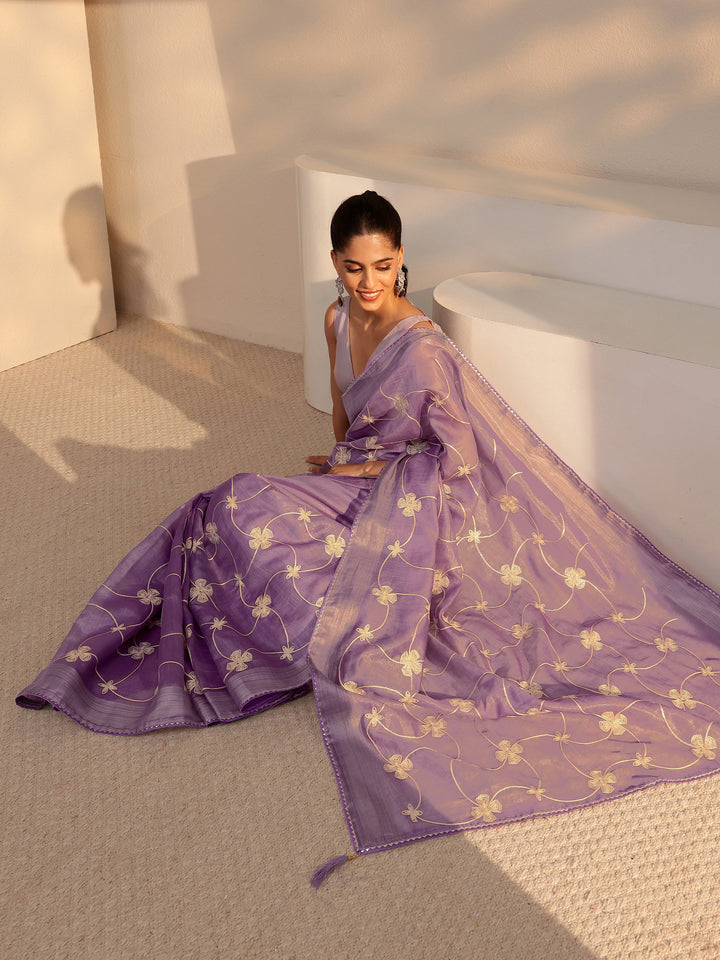 Libas Purple Floral Embroidered Tissue Saree
