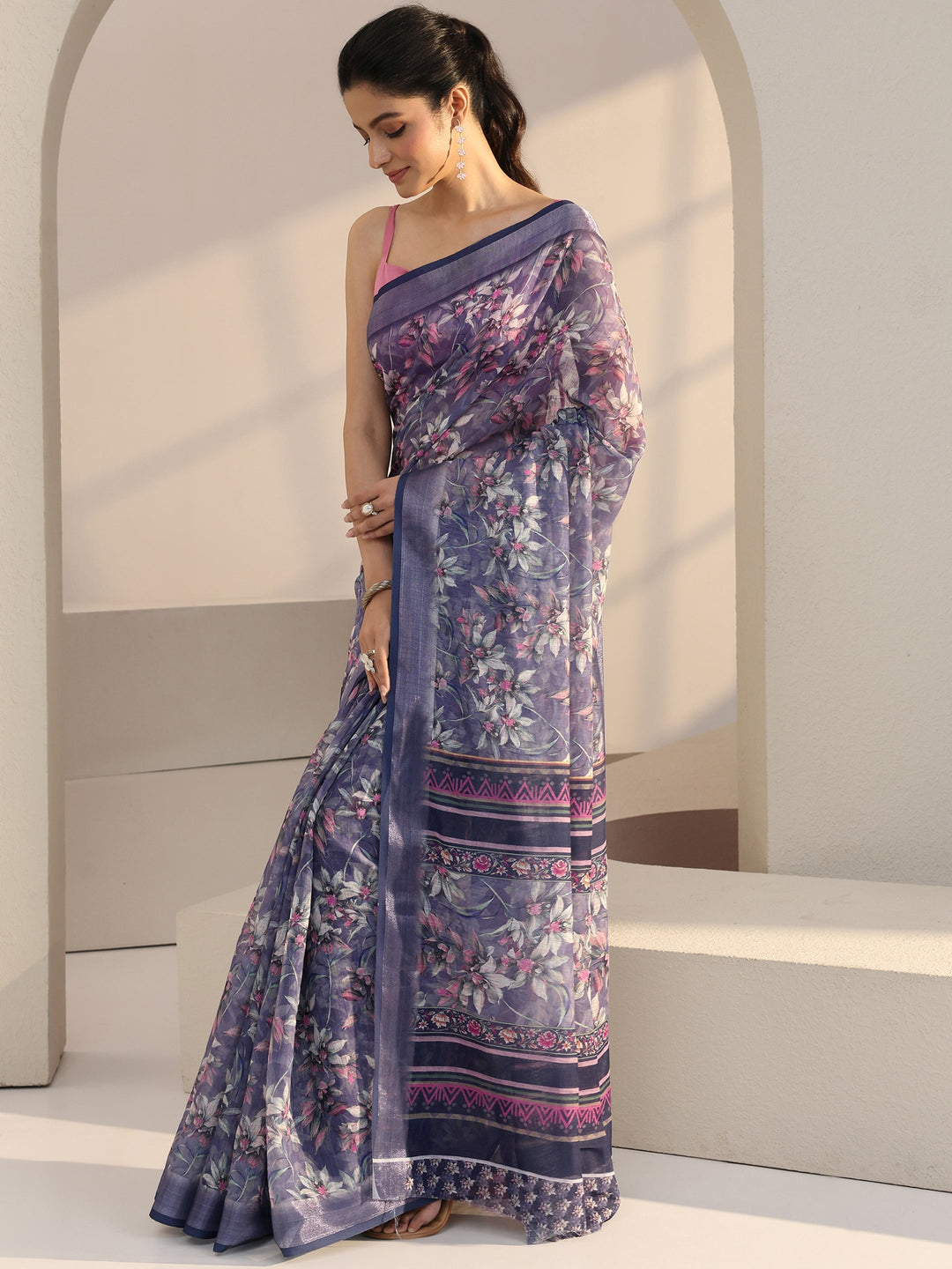 Sunset Purple Floral Print Cotton Blend Saree