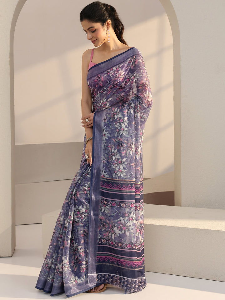 Libas Purple Floral Printed cotton blend Saree