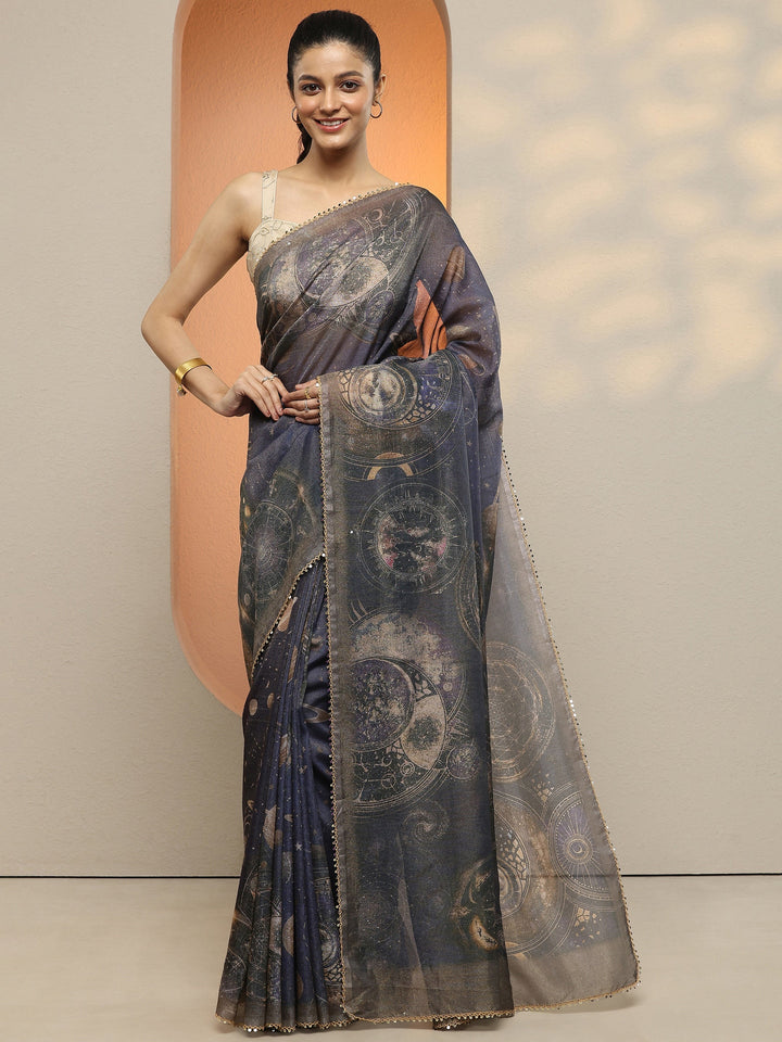 Purple Geometric Printed Silk Blend Saree With Unstitched Blouse Piece