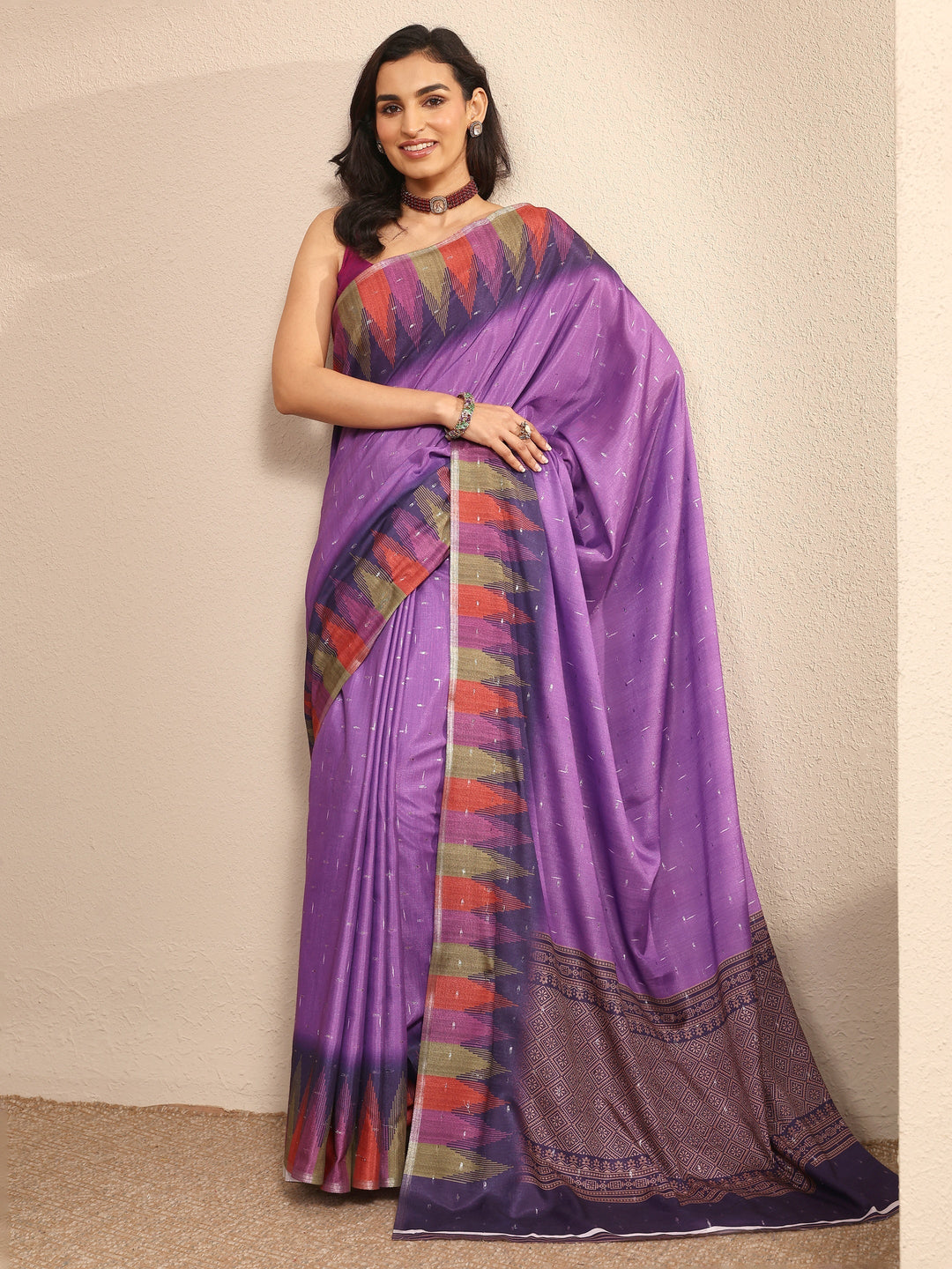 Purple Ikat Woven Design Silk Blend Saree With Unstitched Blouse Piece
