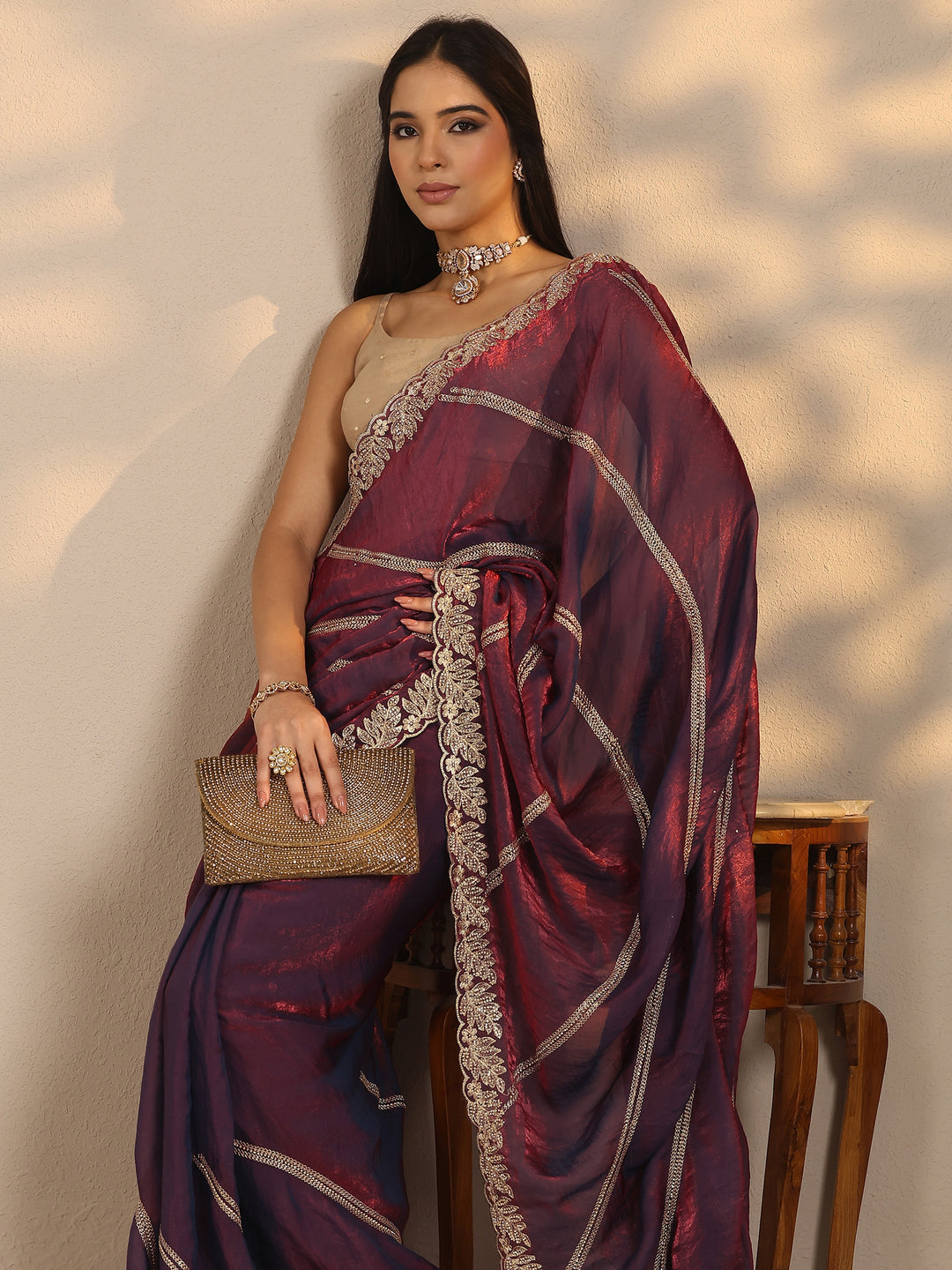 Purple Leheriya Embellished Silk Blend Saree With Unstitched Blouse Piece