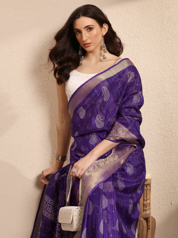 Purple Paisley Woven Design Banarsi Silk Blend Saree With Unstitched Blouse Piece