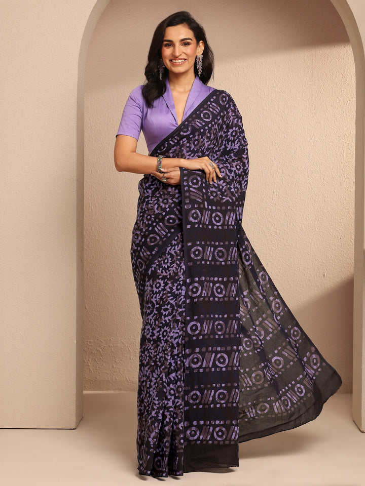 Purple Printed Cotton Saree With Unstitched Blouse Piece
